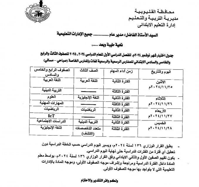 جدول امتحانات الصفوف الرابع والخامس والسادس الابتدائي بالقليوبية