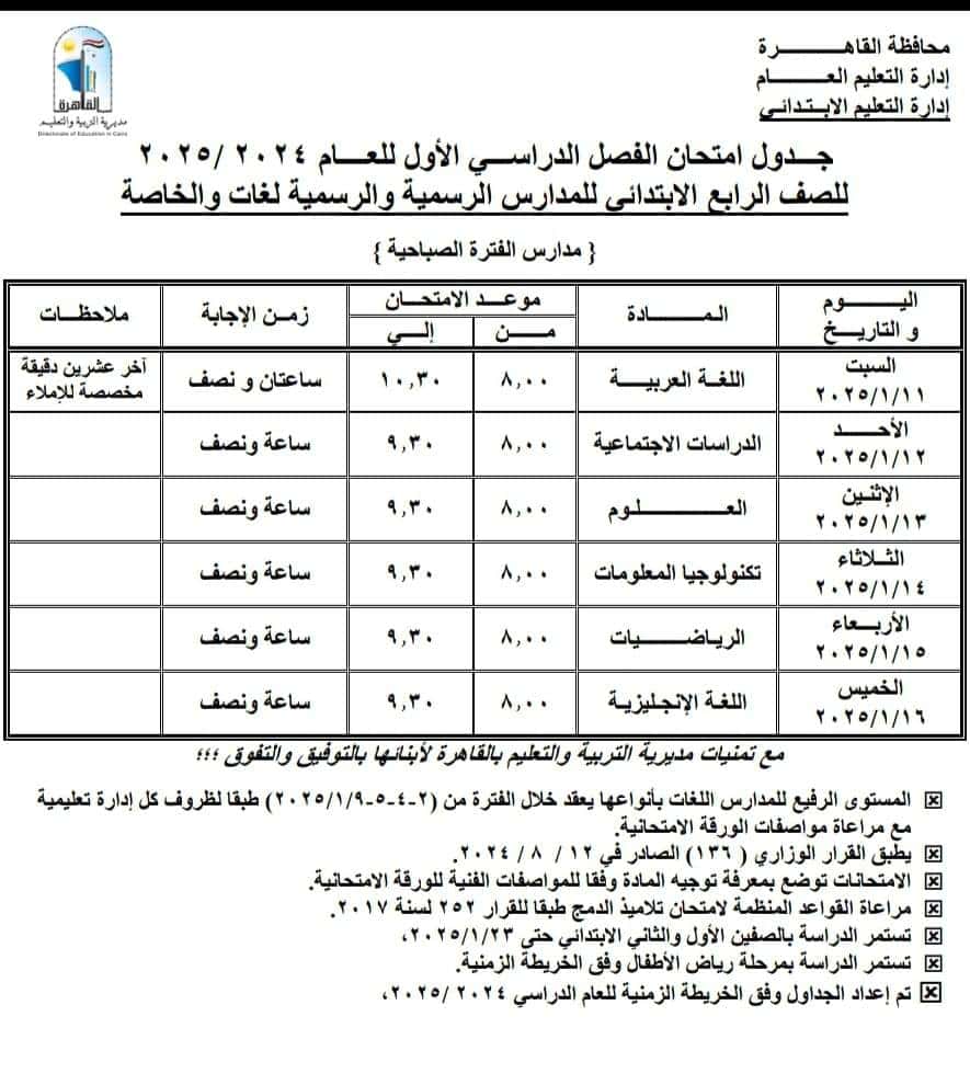 امتحانات الترم الأول القاهرة 2025