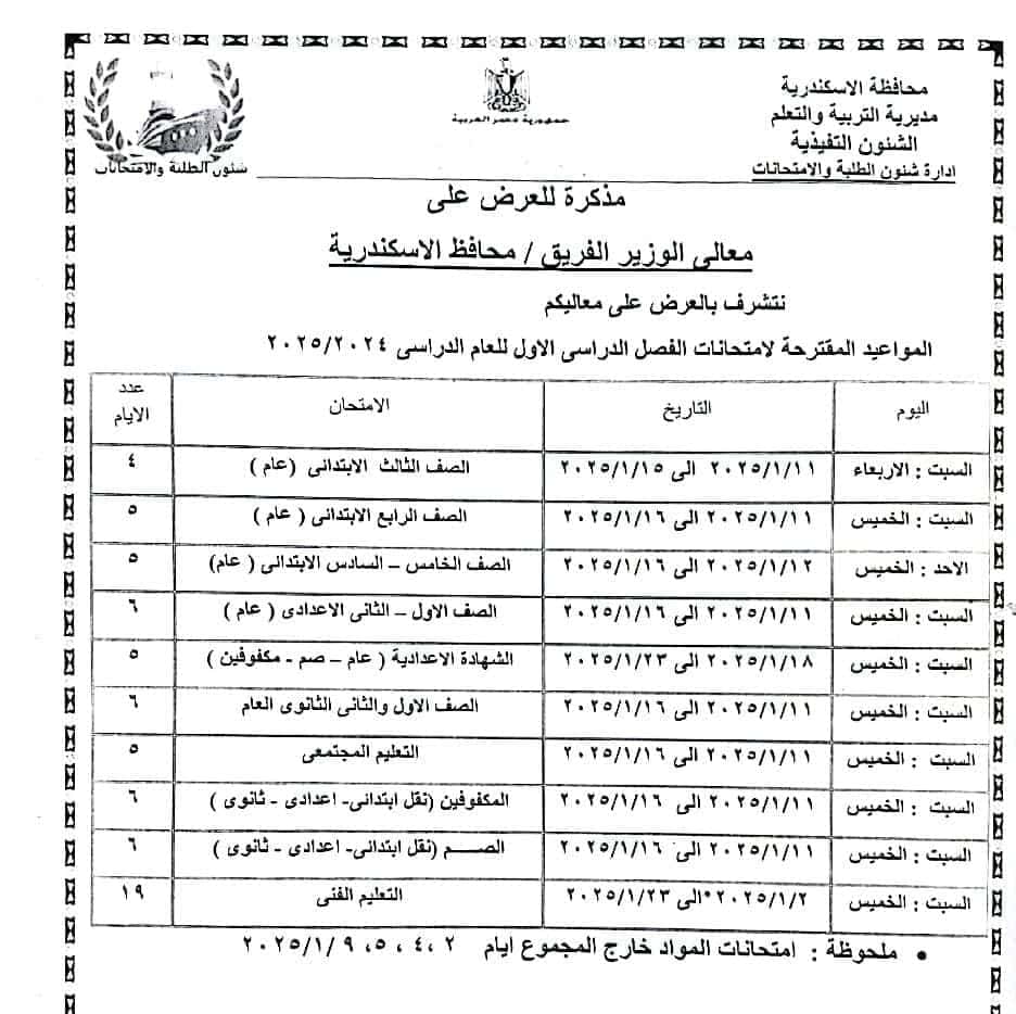 جدول امتحانات نصف العام الإسكندرية 2025