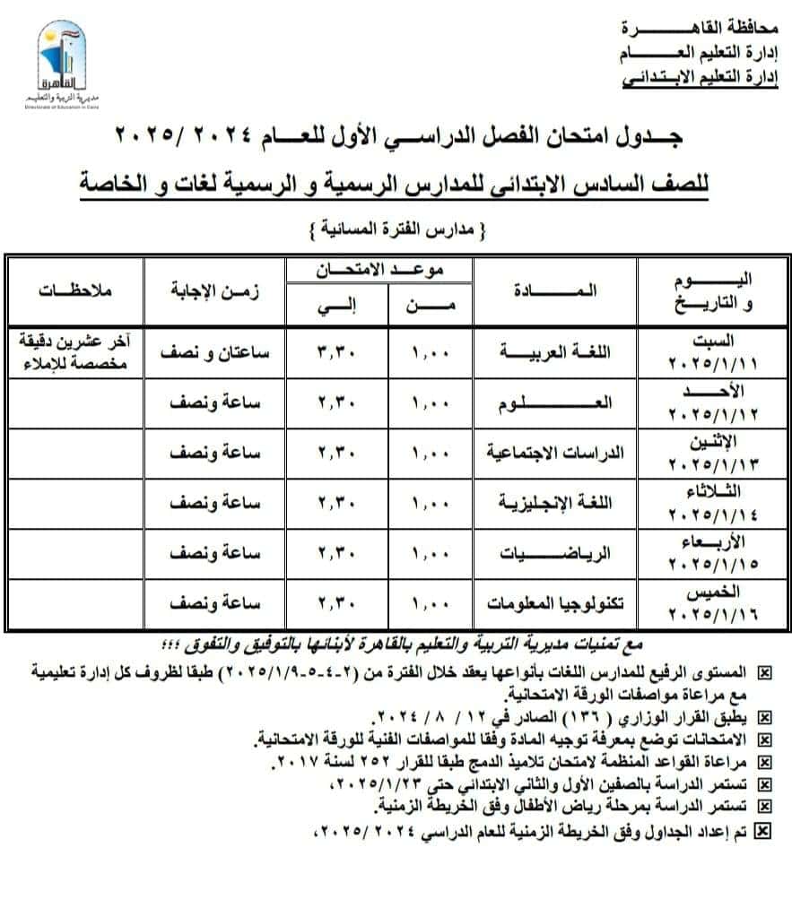 امتحانات الفصل الدراسي الأول 2025